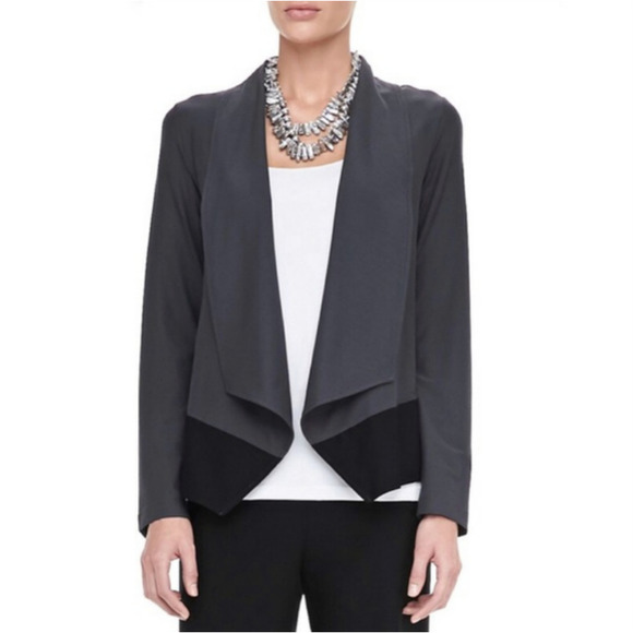 EILEEN FISHER Jacket Womens Large Gray Black Lightweight Washable Stretch Crepe - Picture 1 of 15